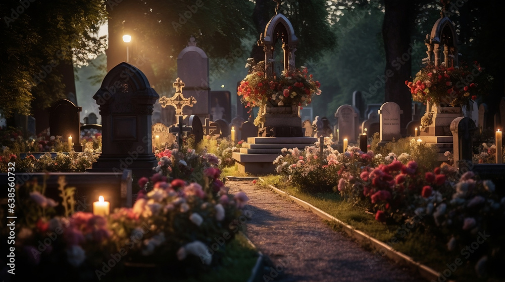 Aleje cmentarne pomiędzy grobami - pomnikami i grobowcami z płytami nagrobkowymi udekorowanymi kwiatami.