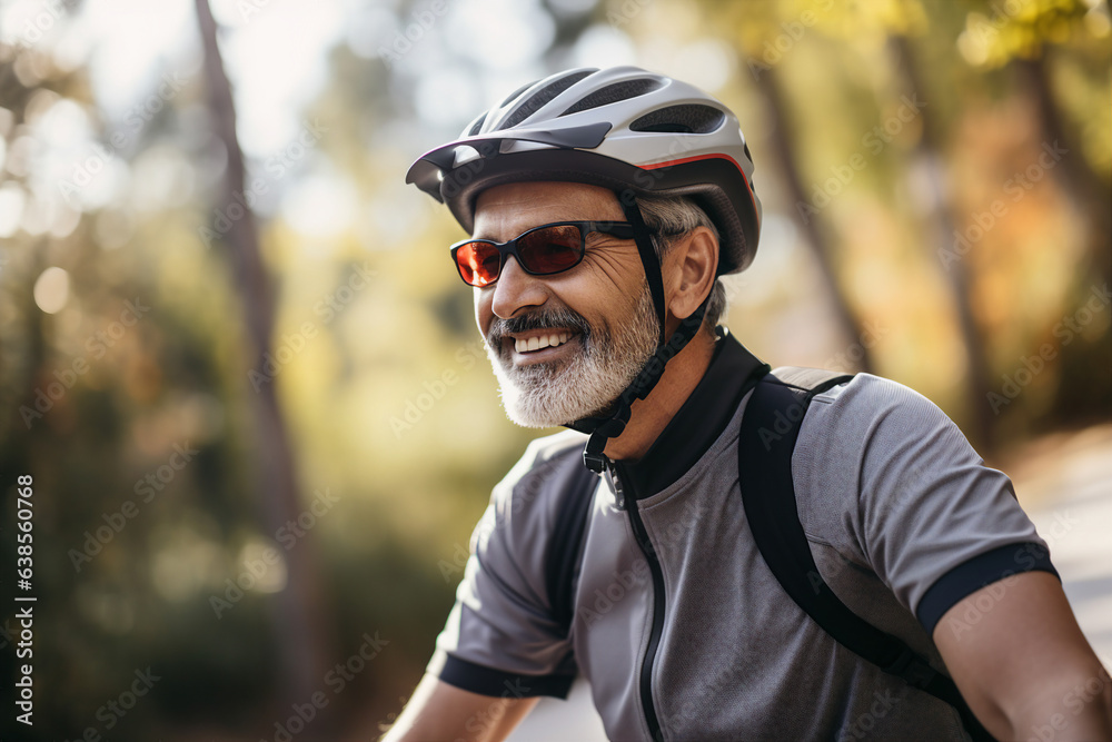 Generative AI photograpy of sporty happy man in protective helmet riding park exploring city nature outdoors