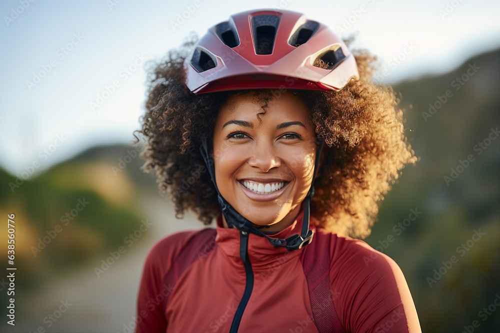 Generative AI picture of happy beautiful lady in protective helmet riding bike exploring new city enjoying nature outdoors Generative AI picture of happy beautiful lady in protective helmet riding bike exploring new city enjoying nature outdoors