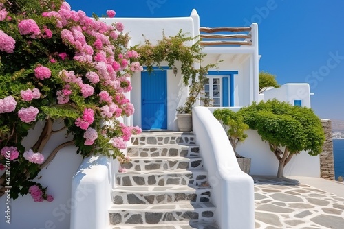 Fototapeta Naklejka Na Ścianę i Meble -  Professional Shot of a Mediterranea House in Greece. Amazing Magenta Flowers creating this shot Captivating. 