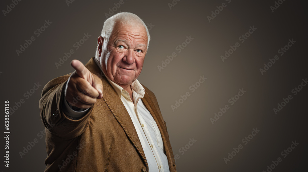 Senior man pointing with hand and finger to the side looking at the camera.