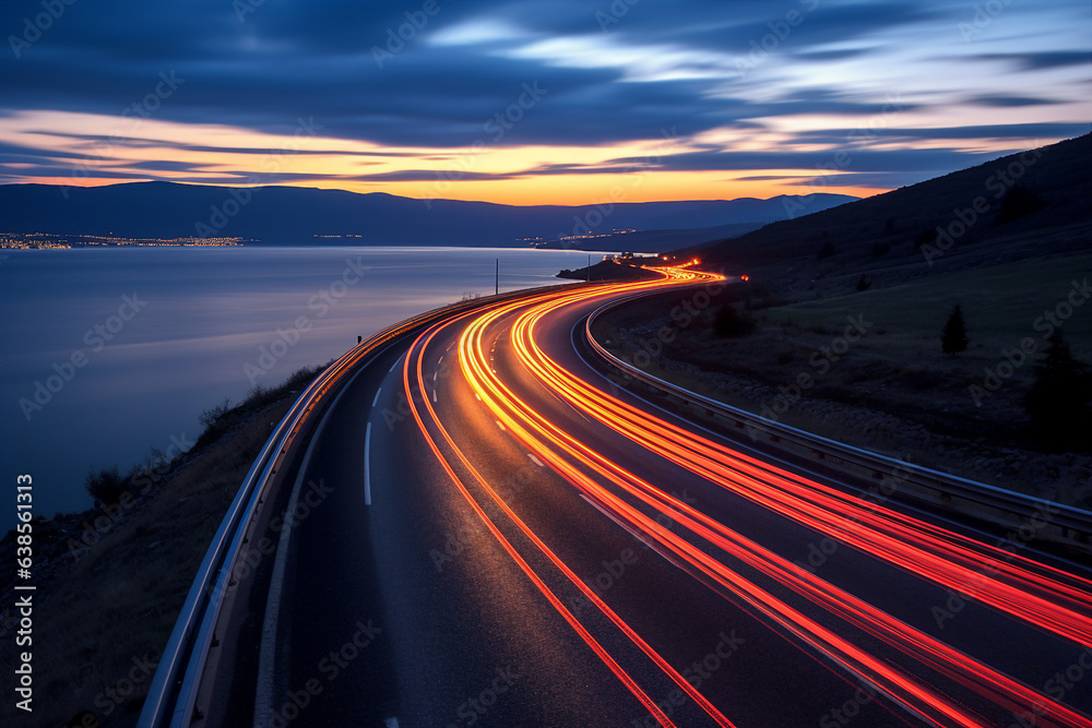 Image generative ai powerful acceleration of futuristic sports supercar on neon night highway track with colorful lights and trails Image generative ai powerful acceleration of futuristic sports supercar on neon night highway track with colorful lights and trails