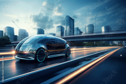 Picture of futuristic fast self-driving modern car on evening city roads under cloudy sky made by generative ai technology