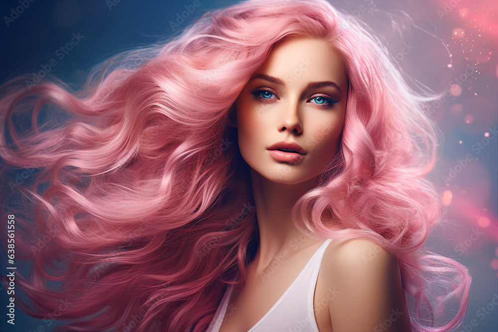 Generative AI portrait of natural beauty woman model demonstrating pink dyed hairstyle Generative AI portrait of natural beauty woman model demonstrating pink dyed hairstyle