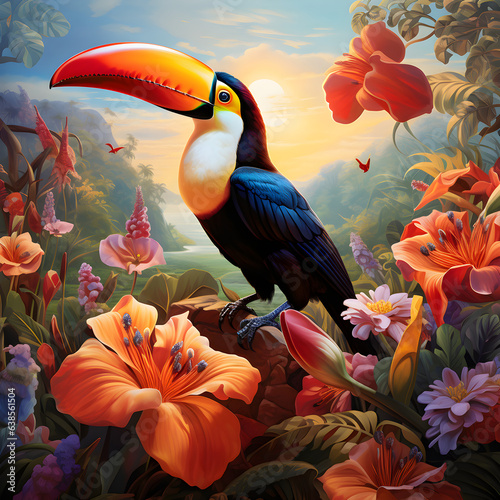 Toucan sitting in a tree surrounded by orange and green flowers and leaves. 