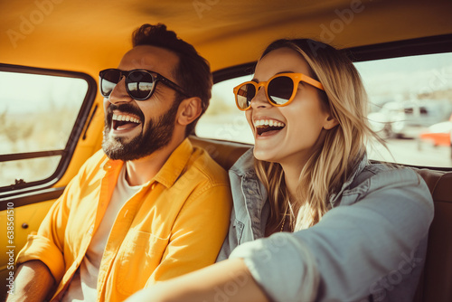 Generative AI conceptual picture of cheerful travelers happy family sitting inside car during summer trip having fun © Tetiana