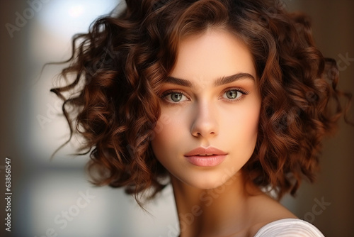 Generative AI portrait of natural beauty perfect woman model demonstrating hairstyle haircut