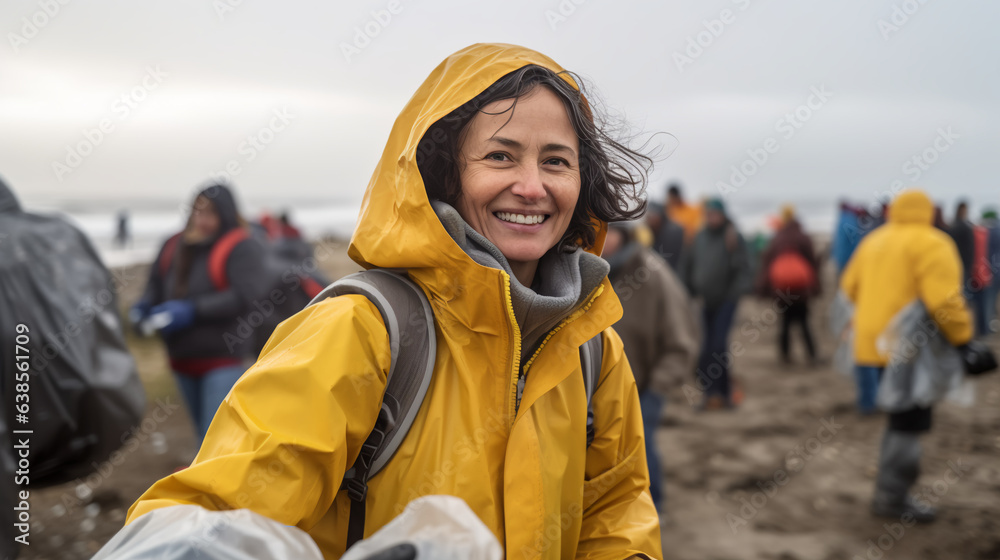 a woman participating in a coastal cleanup event her coat shielding her from the elements and her dedicated smile reflecting her commitment to environmental conservation a woman participating in a coastal cleanup event her coat shielding her from the elements and her dedicated smile reflecting her commitment to environmental conservation