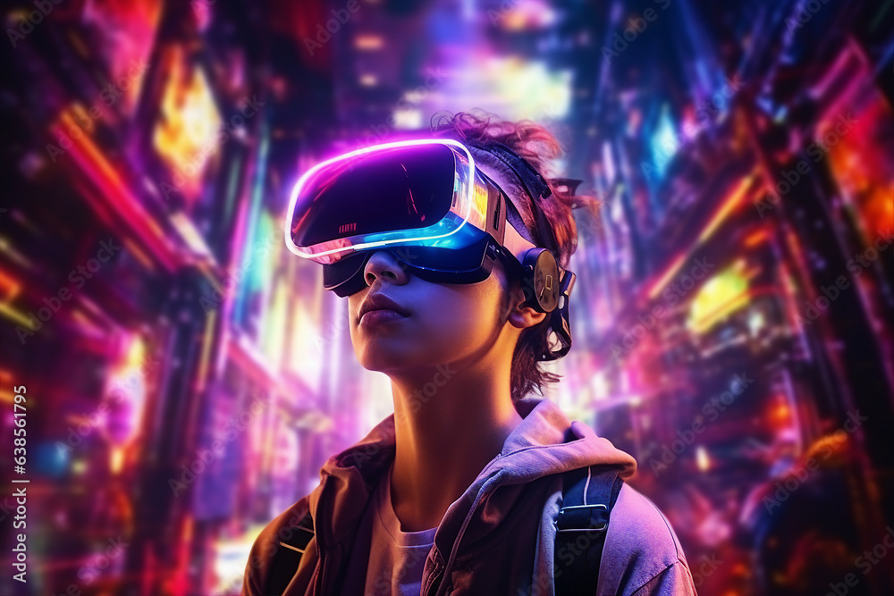 Generative ai collage photo of guy gamer using device gadget for virtual reality simulation