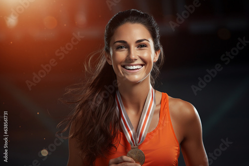 Portrait generative AI concept of happy beautiful woman professional runner athlete winner of Olympic games photo