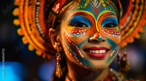a woman during a vibrant cultural festival her makeup reflecting the traditional colors and patterns of the celebration while her eyes sparkle with excitement.