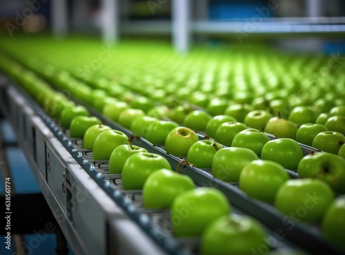 Apples are sorted on a conveyor belt in a fruit at a factory