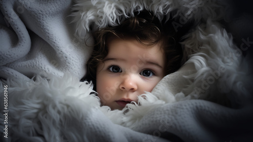 a baby nestled in a fluffy cloud of blankets their peaceful expression radiating a sense of security and warmth. 
