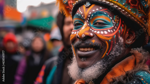 a man participating in a vibrant winter festival his face painted with intricate designs as he revels in the festivities.