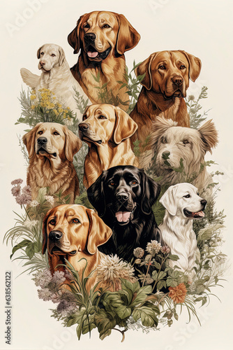 Generative AI vintage poster illustration of golden retriever dog