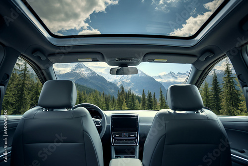 Generative AI picture of a mountain view from the interior of an electric vehicle passenger seat