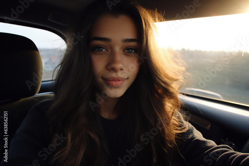 Charming girl photo sitting on passenger seat inside car having fun during comfort trip generative AI