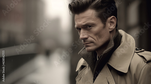 a contemplative man in a classic trench coat his serene smile reflecting a deep connection with his surroundings