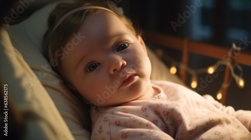 a serene and content baby nestled in a soft crib with a gentle smile gracing their lips. The soft lighting casts a warm glow on their delicate features highlighting the innocence