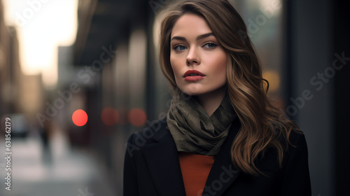 a fashionably dressed woman on a city street her makeup adding a touch of elegance to her ensemble. The urban backdrop captures the essence of modern life. 