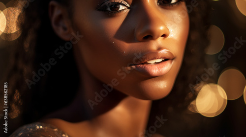 a radiant woman her makeup highlighting her natural features with a touch of shimmer and glow exuding confidence and positivity as she prepares to enjoy a night of music and dancing. 