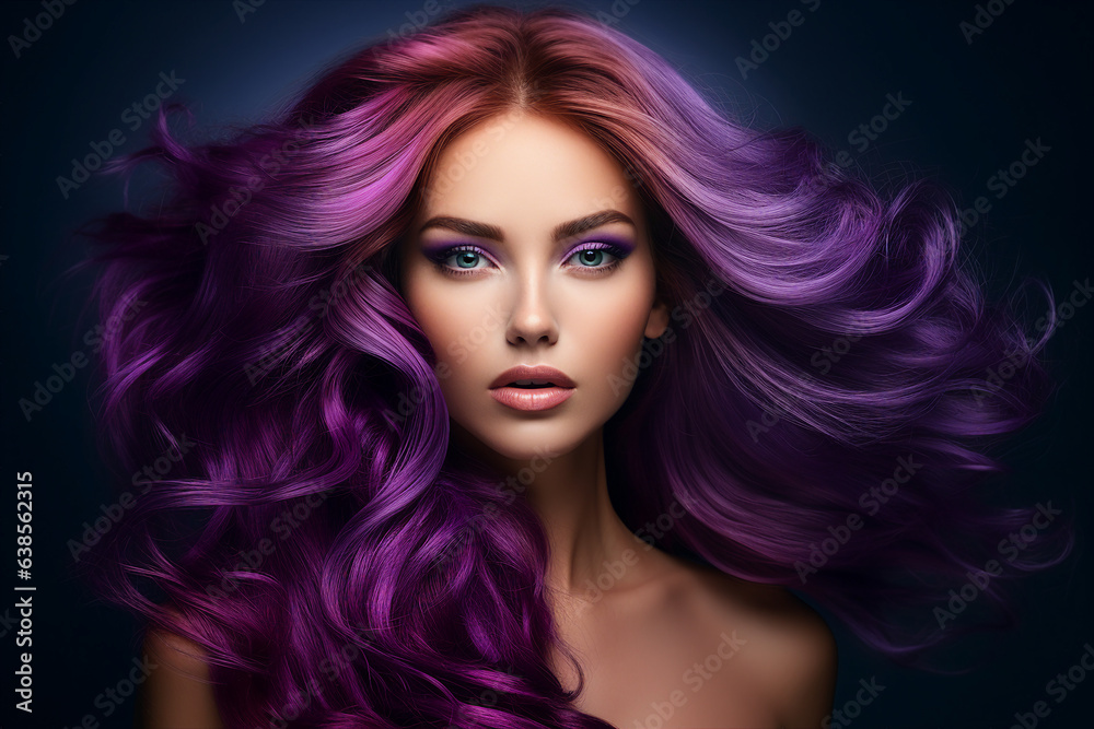 Generative AI portrait of natural beauty woman model showing flattering bright violet dyed hairstyle Generative AI portrait of natural beauty woman model showing flattering bright violet dyed hairstyle