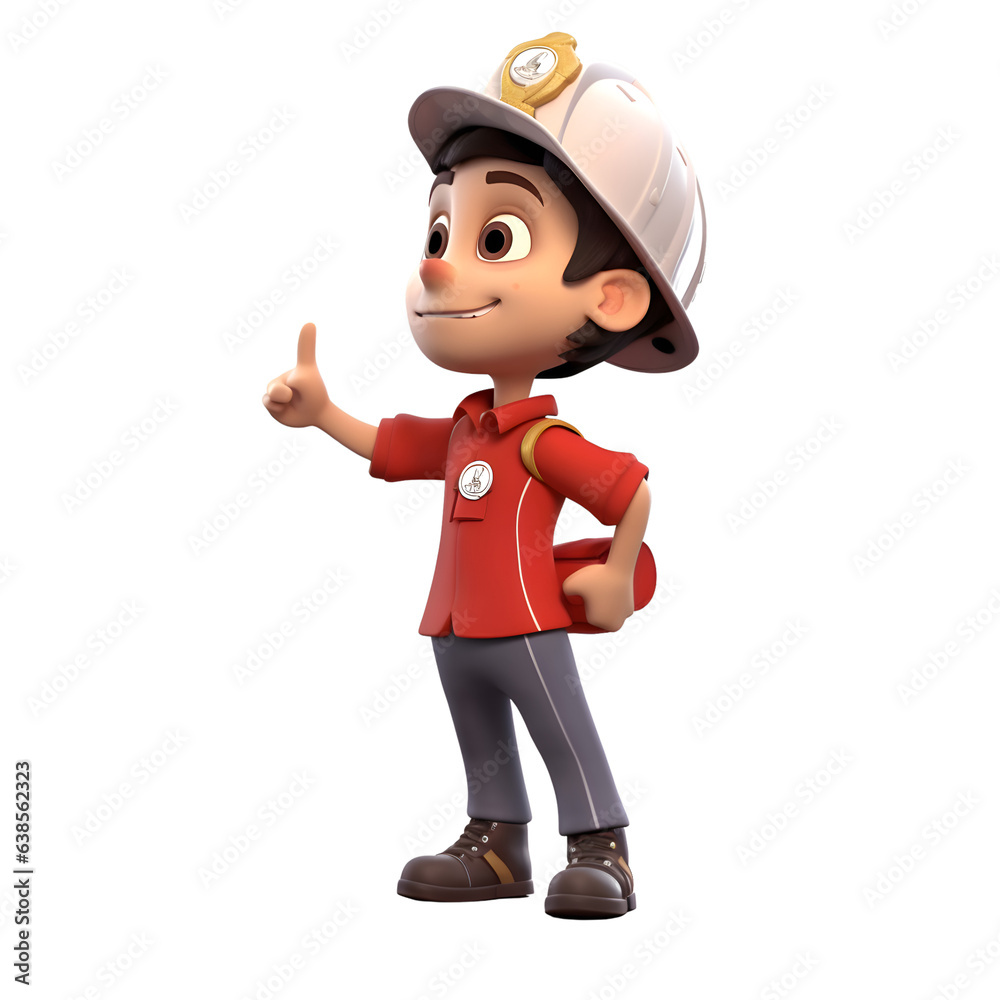 3D Render of Little fireman with thumbs up pose. Isolated white background