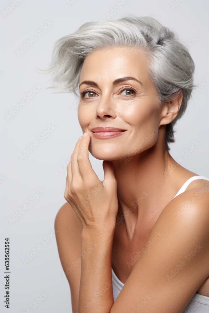 Gorgeous mid aged woman touching her cheek, natural light, skincare advertisement, on a white background, cosmetology concept Gorgeous mid aged woman touching her cheek, natural light, skincare advertisement, on a white background, cosmetology concept