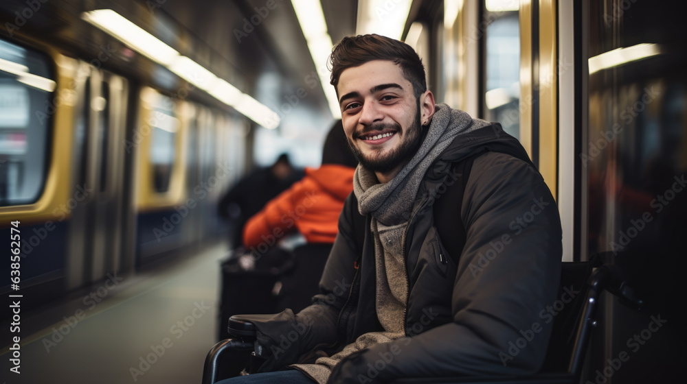 Man in a wheelchair rides public transportation Man in a wheelchair rides public transportation