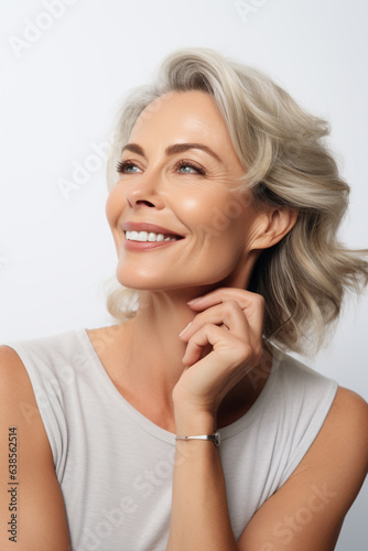 Gorgeous mid aged woman touching her cheek, natural light, skincare advertisement, on a white background, cosmetology concept