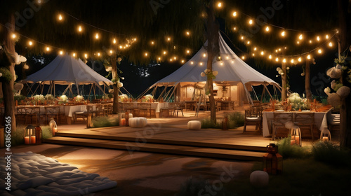 Girlandy ozdabiające namiot weselny nocą na tarasie - ślub w ogrodzie  photo