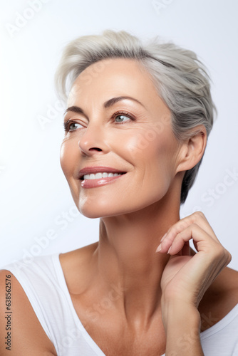 Gorgeous mid aged woman touching her cheek, natural light, skincare advertisement, on a white background, cosmetology concept