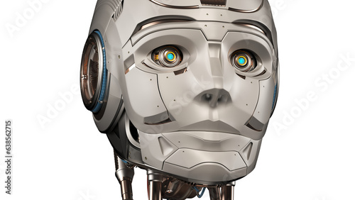 Closeup view of detailed robot face or cyborg head on transparent background. 3d rendering