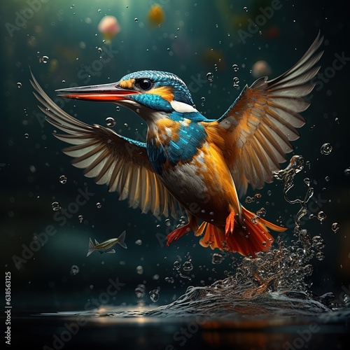 A Cinematic shot of a Kingfisher Catching fish. Professional Shot, Hunting. Water Splashing. © Boss