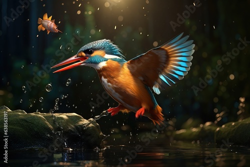 A Cinematic shot of a Kingfisher Catching fish. Professional Shot, Hunting. Water Splashing.