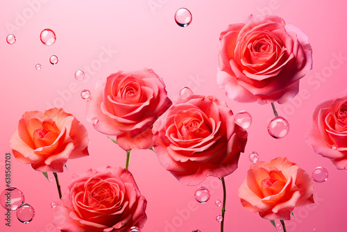 group of roses flying and levitating on pink background overlayed with Chakra colours