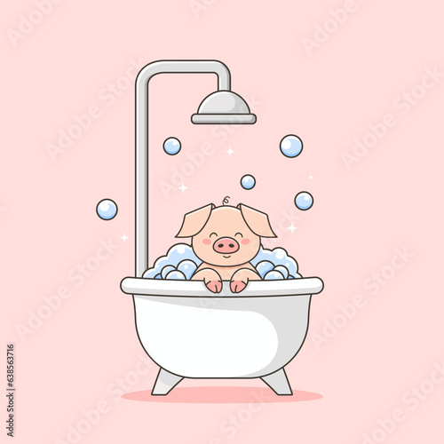 Cute pig taking bath. Piglets bath. Piggy wash in bathroom. Bubble bath for piglet. Domestic animal cleaning. Vector illustration with cartoon pet on pink background