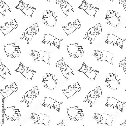 Black and white wallpaper with outline sleeping pigs in different poses. Vector seamless repeat pattern of cute piglets