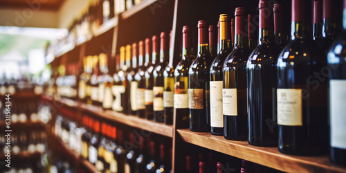 Abstract blur wine bottles on liquor alcohol shelves. Generative AI