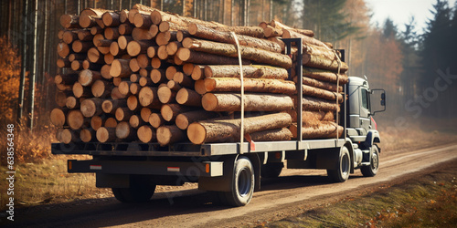 a stack of wooden logs in big trailer vehicle. Generative AI