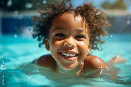 Portrait of happy girl smiling at camera having fun swimming pool spending summer holiday aqua park center made with generative AI