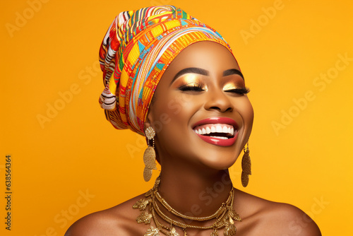 Portrait of African American woman in turban traditional clothes laughing over yellow color background Generative AI