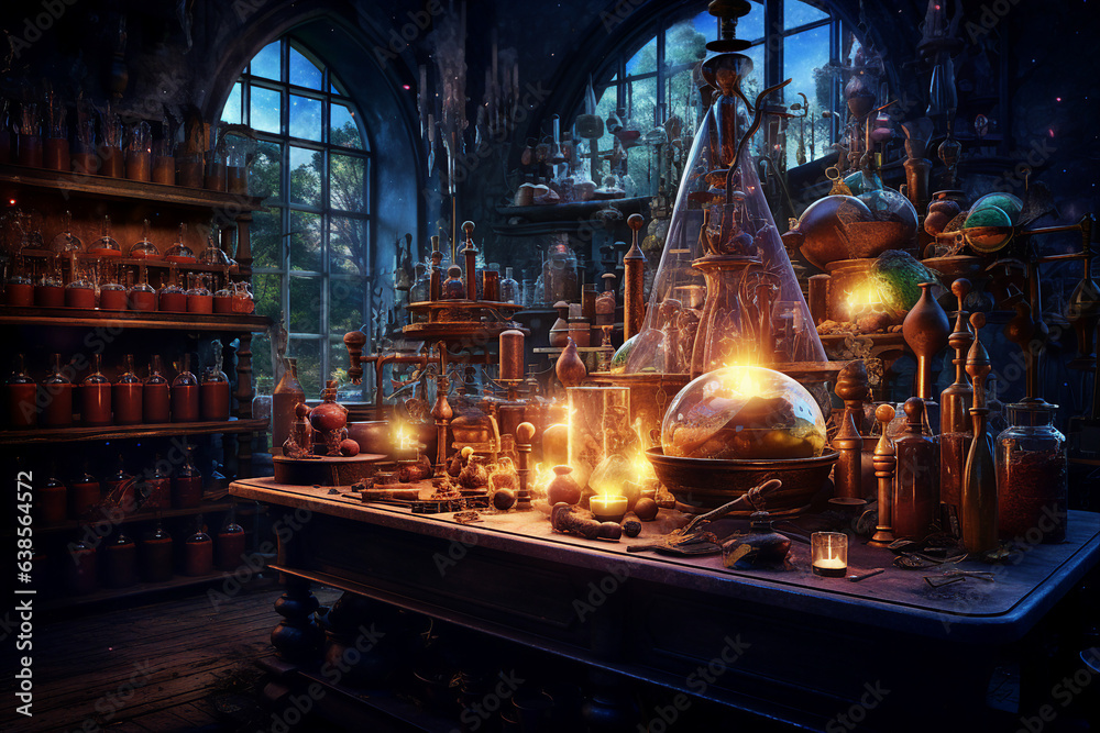 Generative ai collage image picture of alchemist lab with potion cauldron for making magical dark spell Generative ai collage image picture of alchemist lab with potion cauldron for making magical dark spell