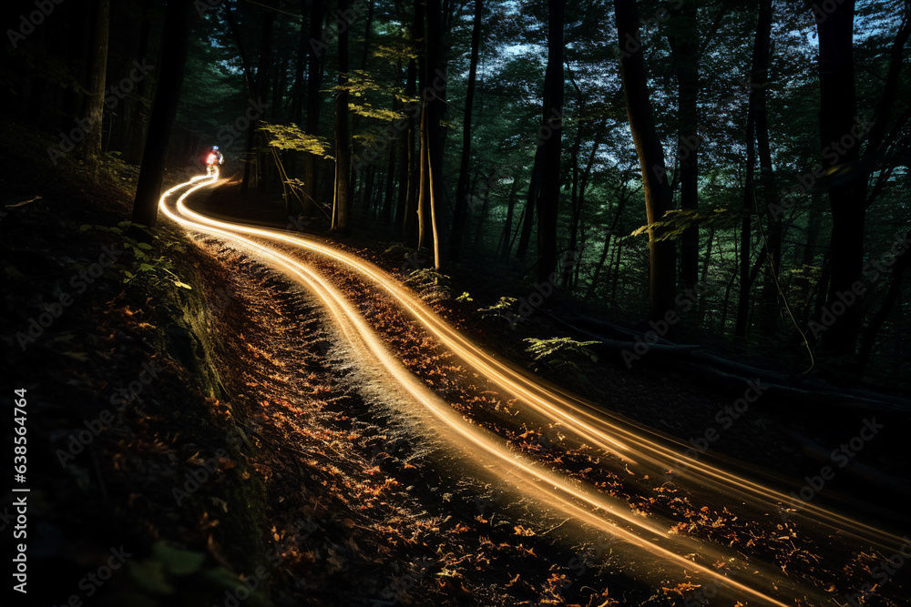 Fototapeta premium Generative ai collage of energetic moving cyclist in dark woods fast winning race concept