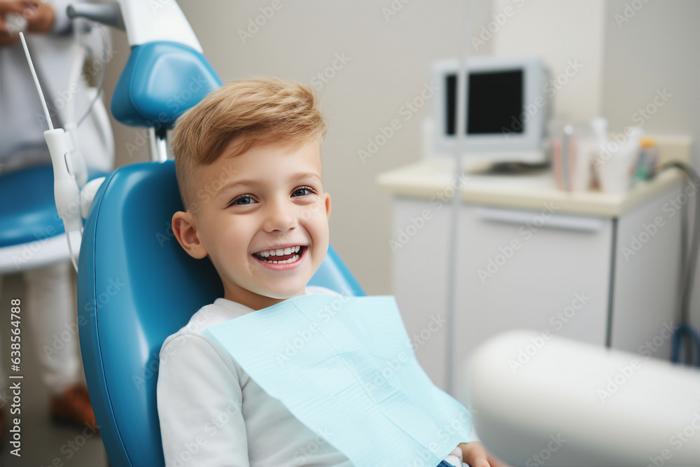 Generative AI photo of happy beautiful school aged child sitting on chair in dentist's office concept of dentist for the youngest patients Generative AI photo of happy beautiful school aged child sitting on chair in dentist's office concept of dentist for the youngest patients