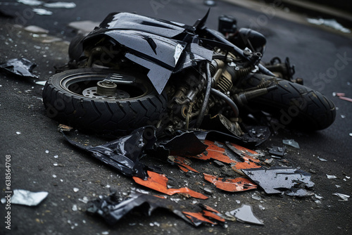 Generative AI photography of traffic accident broken motorbike after crash lying on the street road pavement
