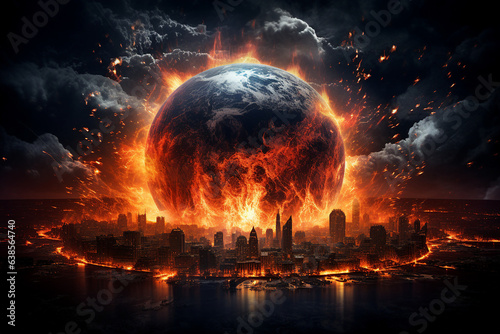 Fototapeta Naklejka Na Ścianę i Meble -  Generative ai colage image picture of burning earth destroying by ecological catastrophe wars battle nuclear bomb