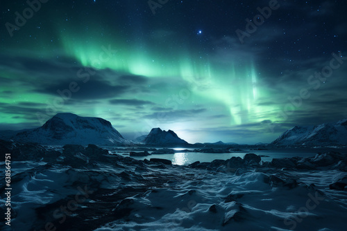 Generative ai collage image picture of amazing view north landscape with green aurora borealis lights