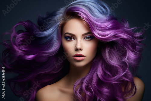 Generative AI portrait of natural beauty woman model showing flattering bright violet dyed hairstyle