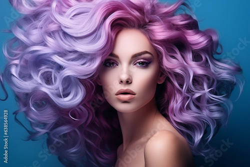 Generative AI portrait of natural beauty woman model showing flattering bright violet dyed hairstyle